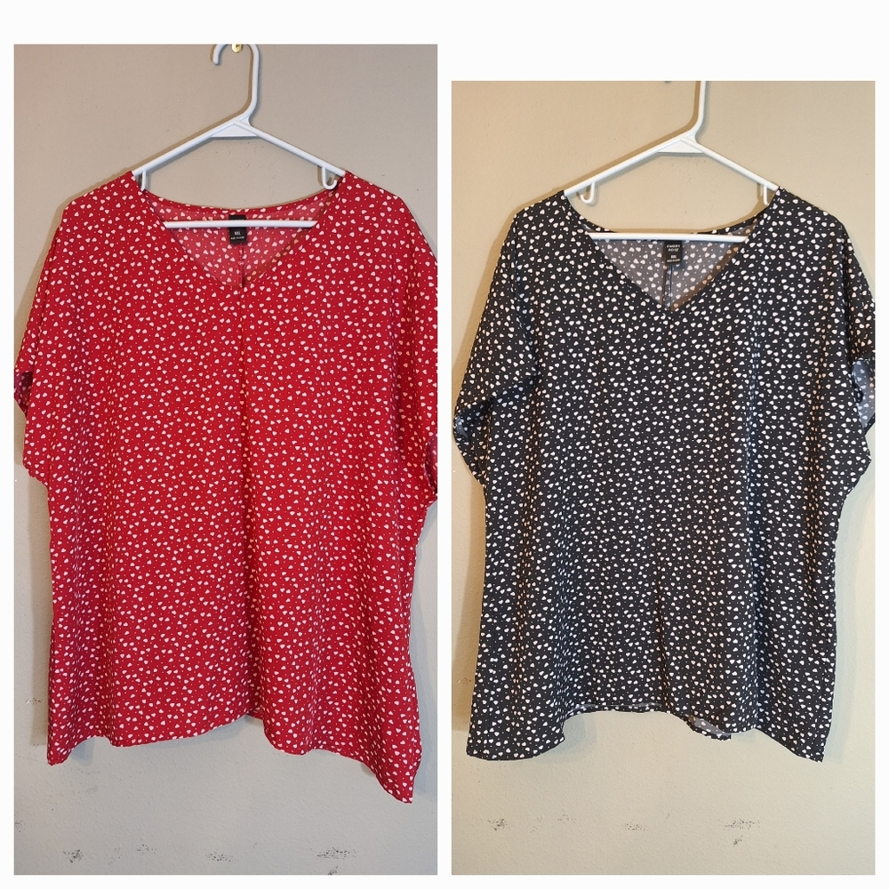 2 SHEIN EMERY ROSE Hearts V Neck Top XXL 2XL 2X Plus Size Shirt 95% Polyester